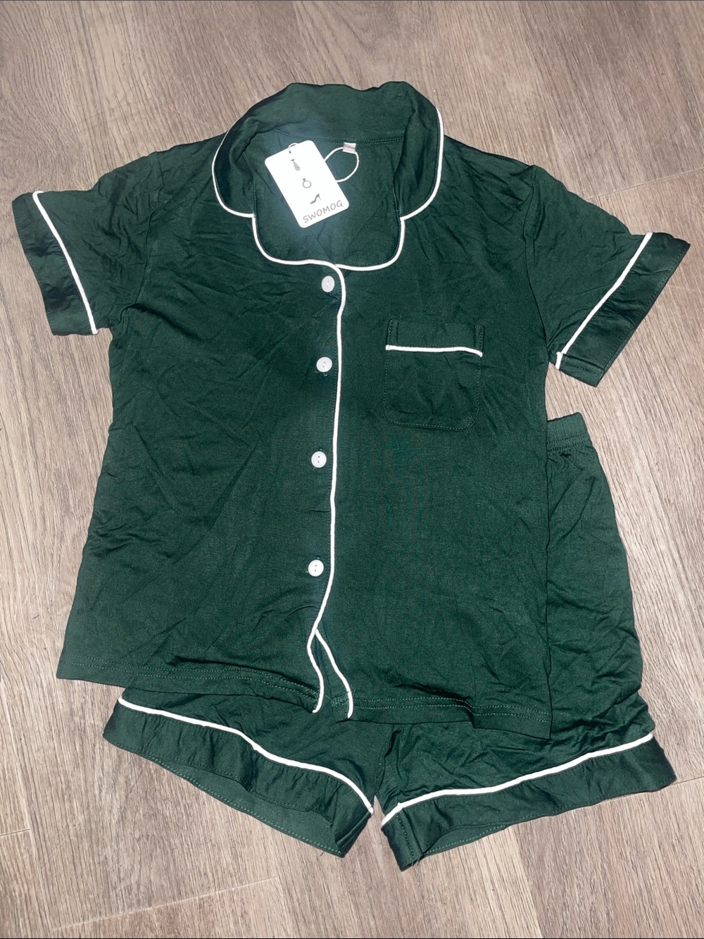 Unbranded Dark Green Short-Sleeve Kids Pajama Set with White Piping